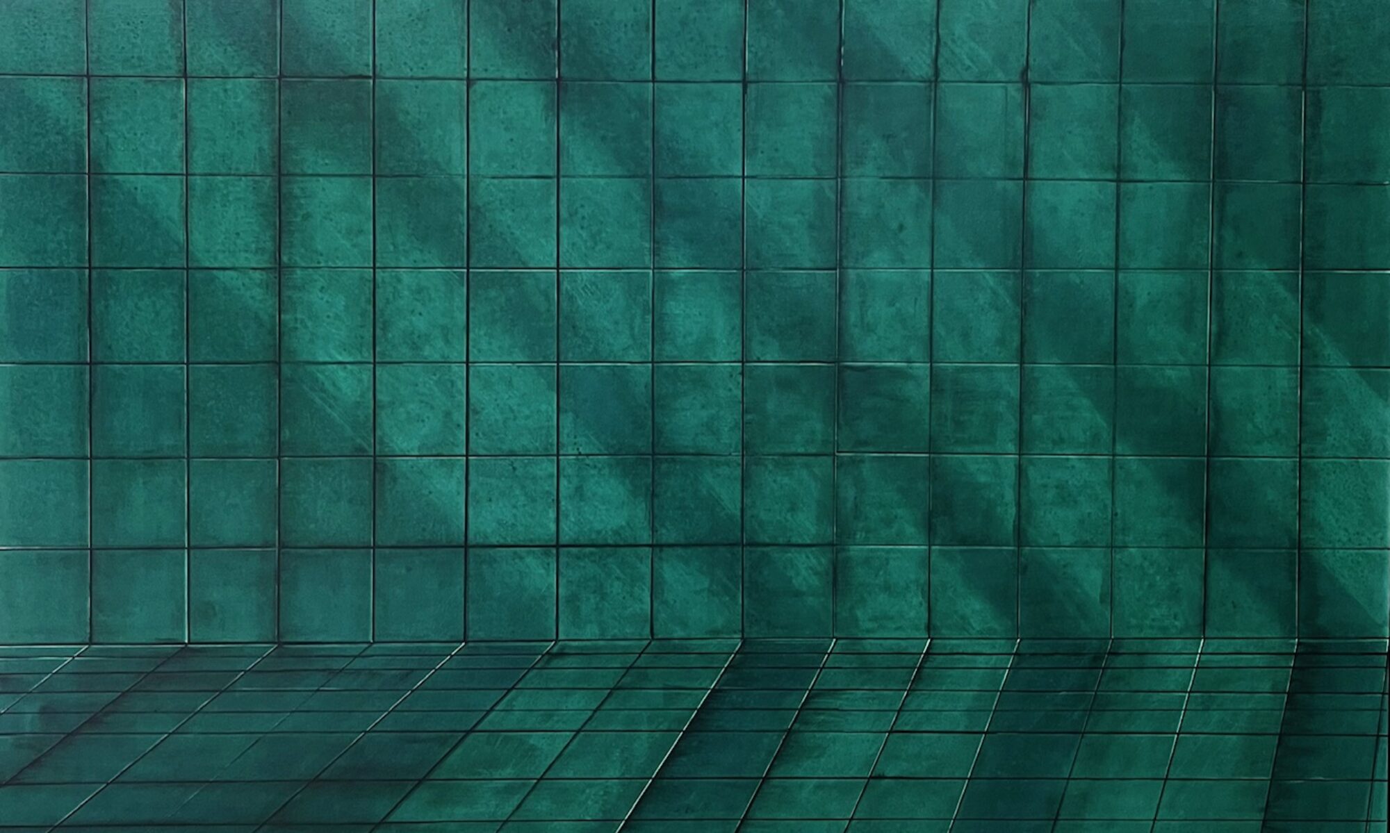 Pool painting — green tiled wall and floor of a swimming pool, with diagonal shadows of light crossing the surface